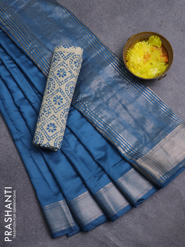 Semi chanderi saree blue and beige with plain body and zari woven border