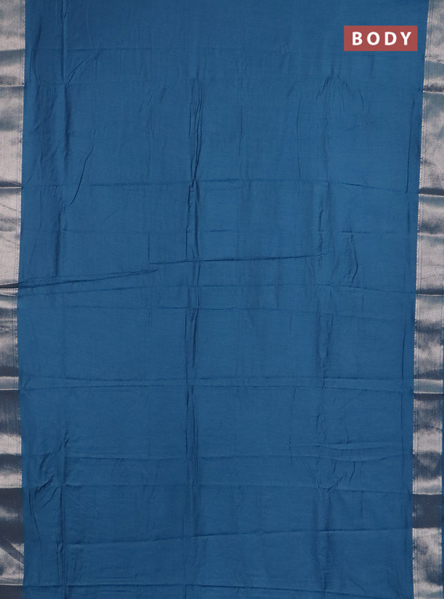 Semi chanderi saree blue and beige with plain body and zari woven border