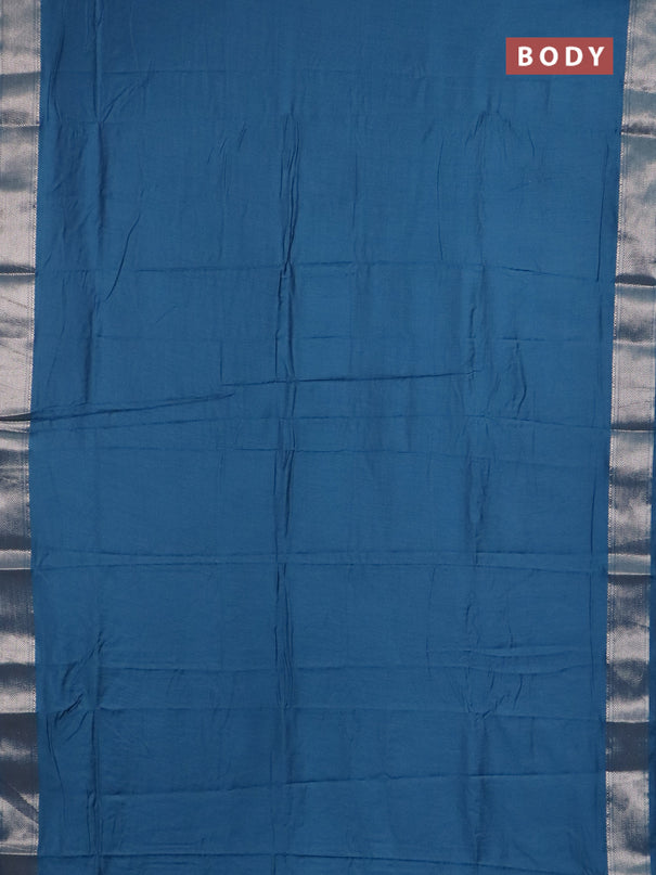 Semi chanderi saree blue and beige with plain body and zari woven border