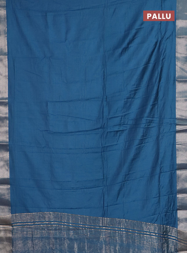 Semi chanderi saree blue and beige with plain body and zari woven border