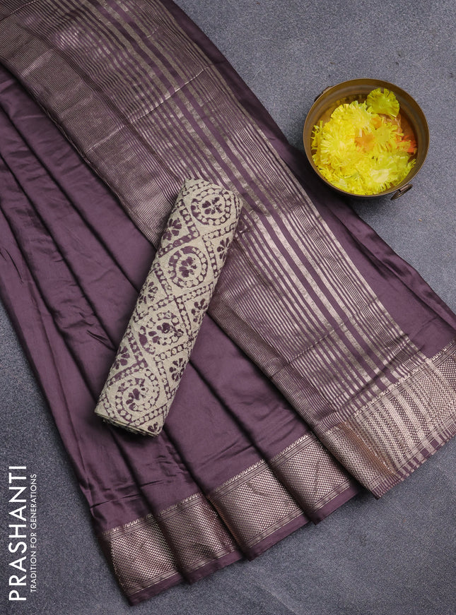 Semi chanderi saree wine shade and beige with plain body and zari woven border