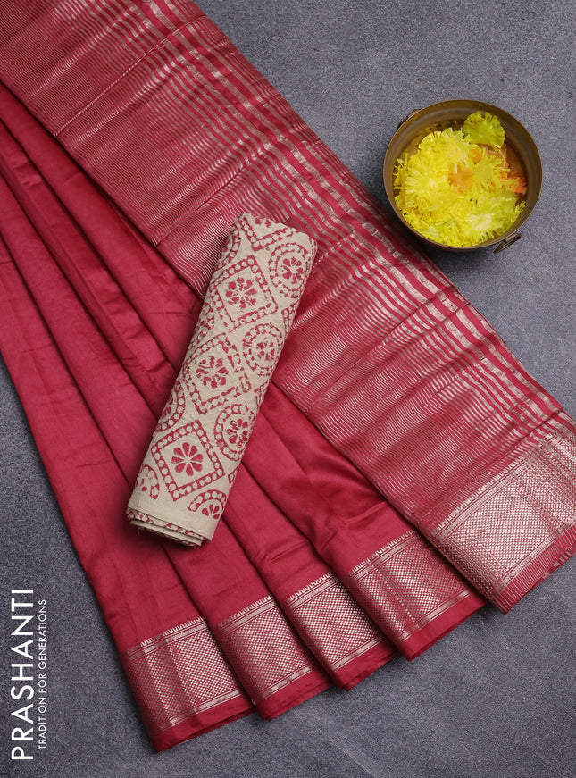 Semi chanderi saree maroon and beige with plain body and zari woven border