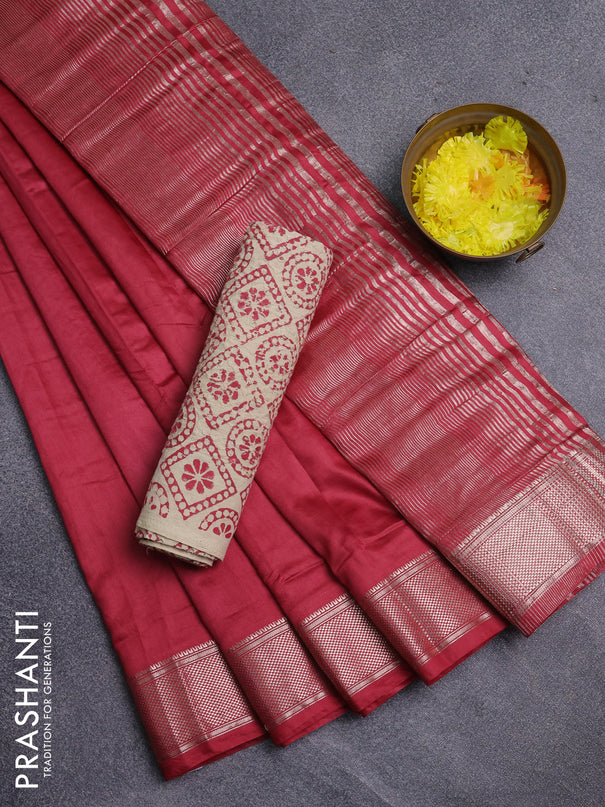 Semi chanderi saree maroon and beige with plain body and zari woven border