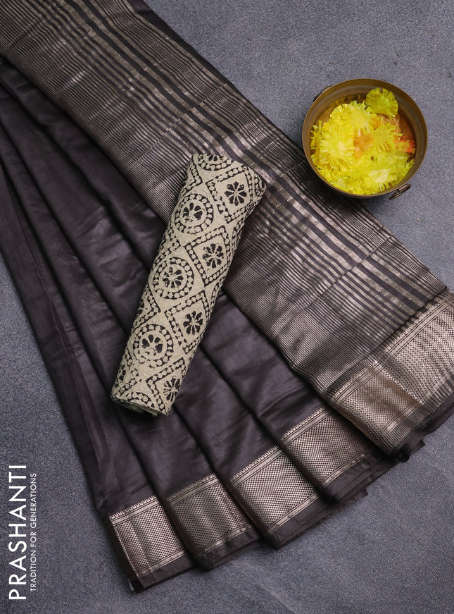 Semi chanderi saree coffee brown and beige with plain body and zari woven border