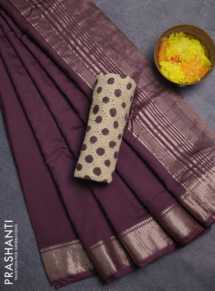 Semi chanderi saree coffee brown and beige with plain body and zari woven border