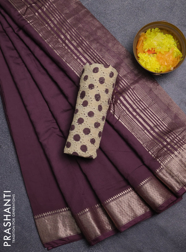 Semi chanderi saree coffee brown and beige with plain body and zari woven border