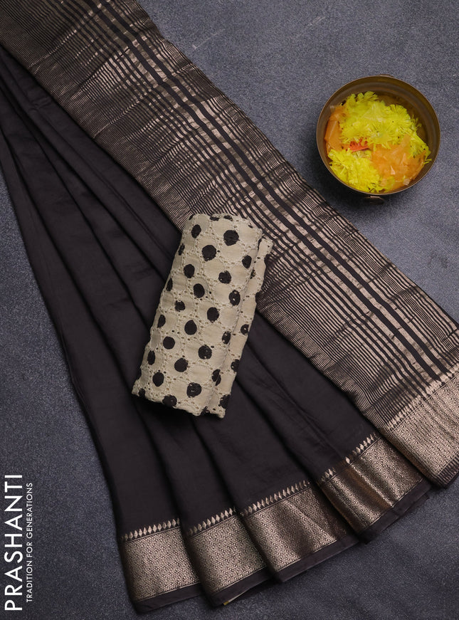 Semi chanderi saree coffee brown and beige with plain body and zari woven border