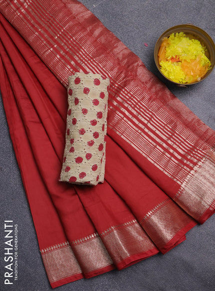 Semi chanderi saree maroon and beige with plain body and zari woven border
