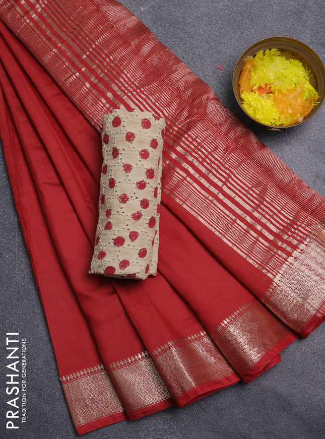 Semi chanderi saree maroon and beige with plain body and zari woven border