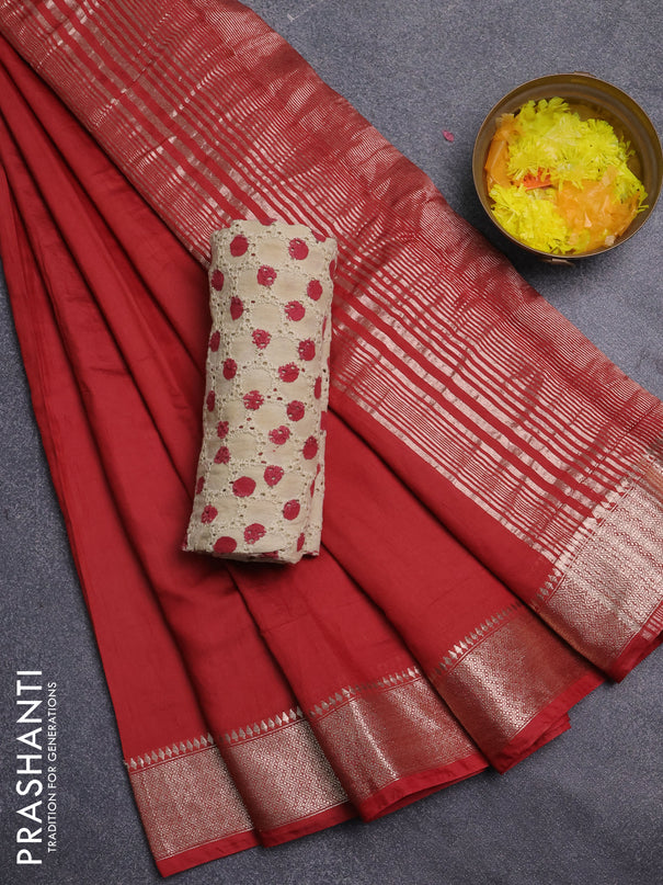 Semi chanderi saree maroon and beige with plain body and zari woven border