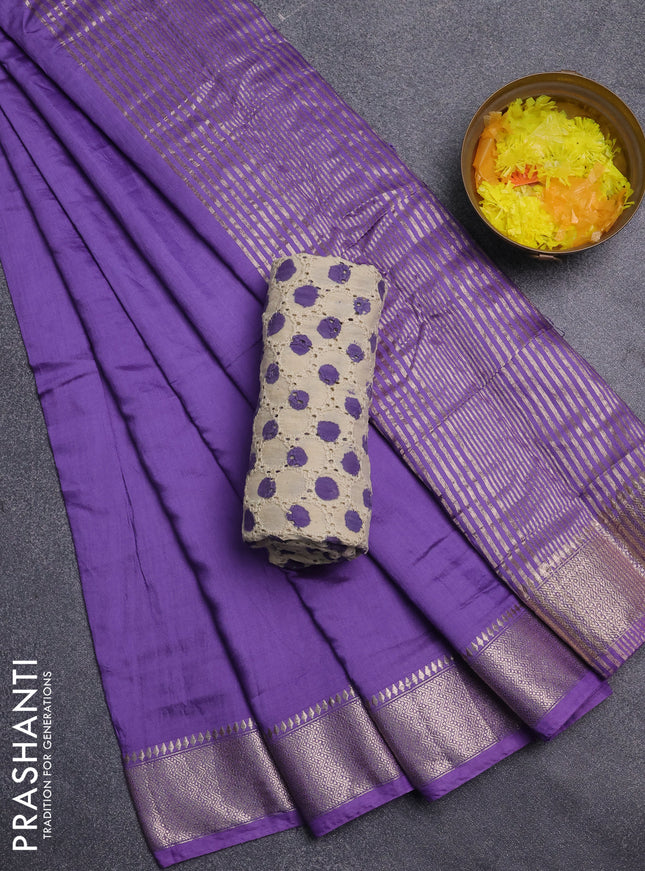 Semi chanderi saree lavender and beige with plain body and zari woven border