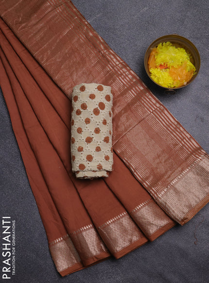 Semi chanderi saree sandal and beige with plain body and zari woven border
