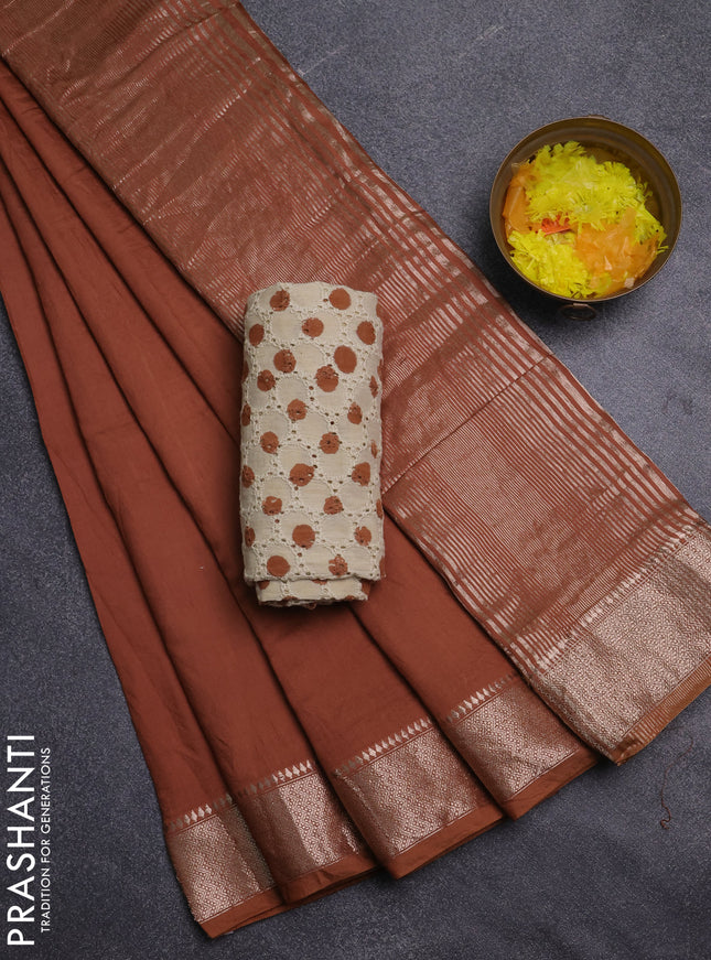 Semi chanderi saree sandal and beige with plain body and zari woven border