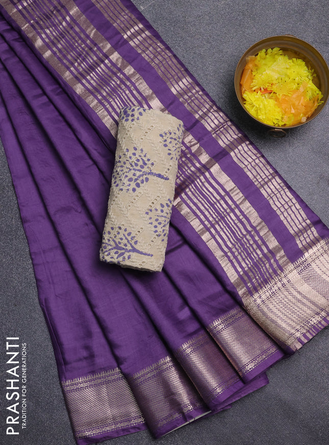 Semi chanderi saree violet and beige with plain body and zari woven border