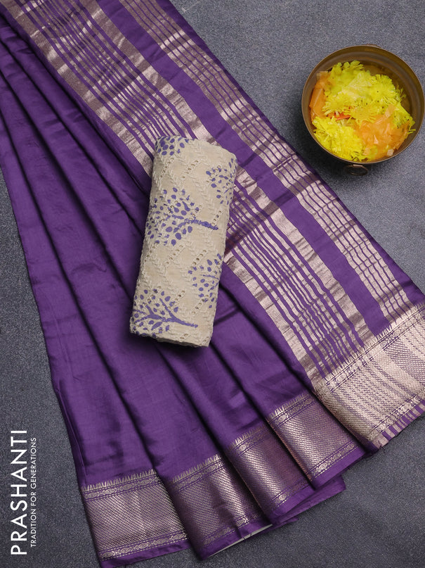 Semi chanderi saree violet and beige with plain body and zari woven border