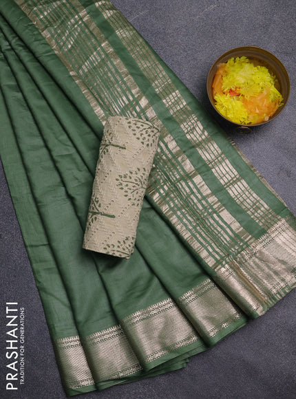 Semi chanderi saree green and beige with plain body and zari woven border