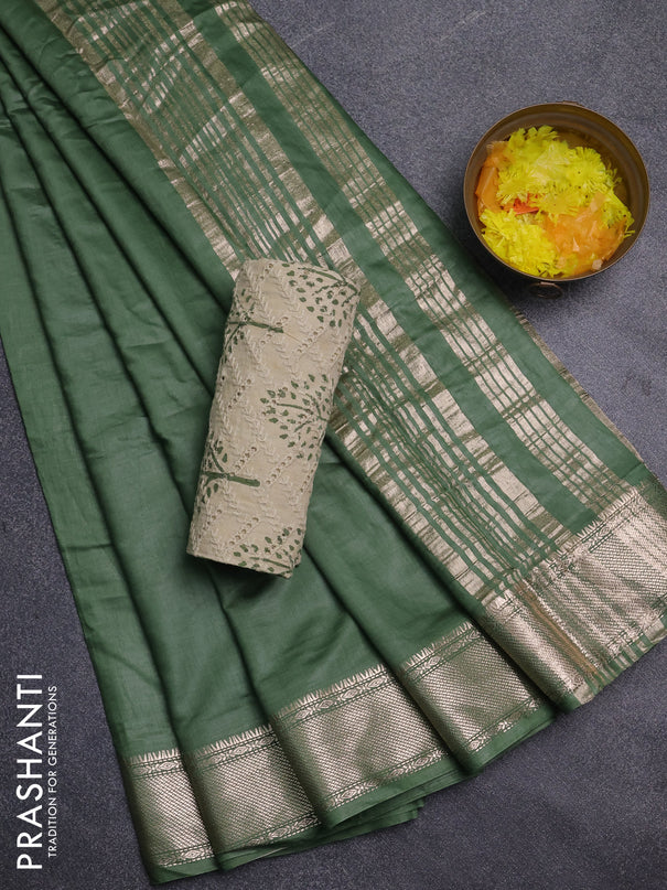 Semi chanderi saree green and beige with plain body and zari woven border