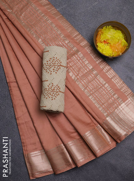 Semi chanderi saree sandal and beige with plain body and zari woven border