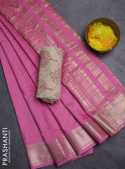 Semi chanderi saree mauve pink and beige with plain body and zari woven border