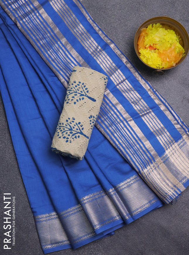 Semi chanderi saree blue and beige with plain body and zari woven border