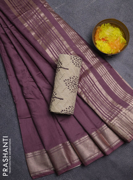 Semi chanderi saree rosy brown and beige with plain body and zari woven border