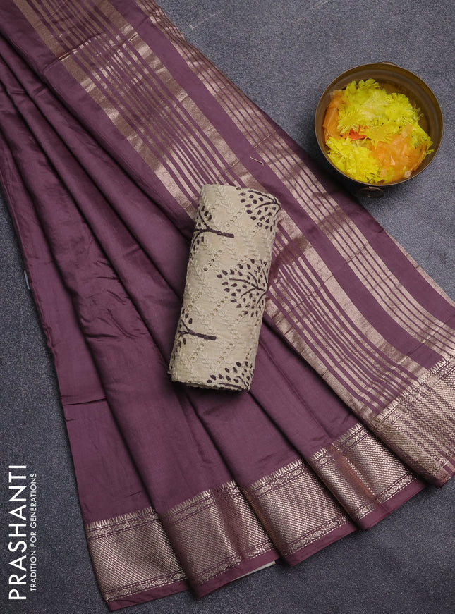 Semi chanderi saree rosy brown and beige with plain body and zari woven border