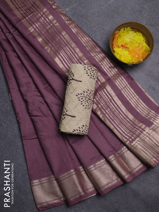 Semi chanderi saree rosy brown and beige with plain body and zari woven border
