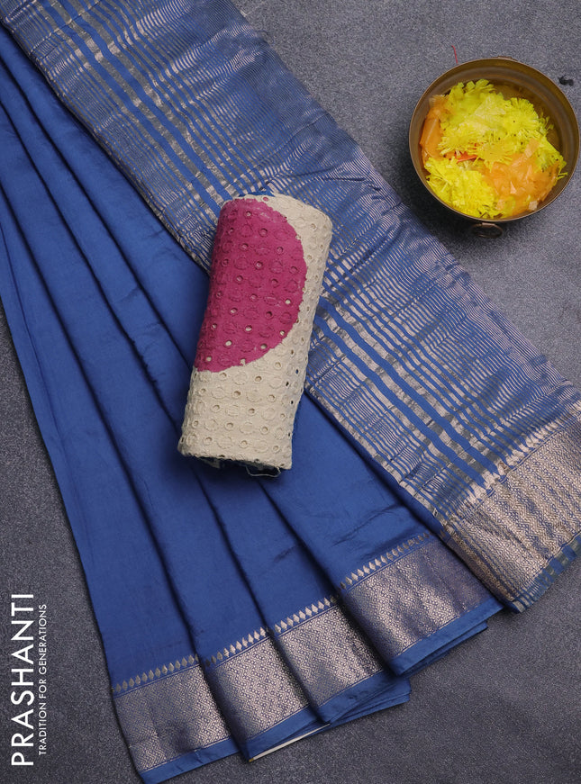Semi chanderi saree blue and beige with plain body and zari woven border