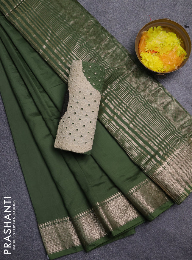 Semi chanderi saree green and beige with plain body and zari woven border