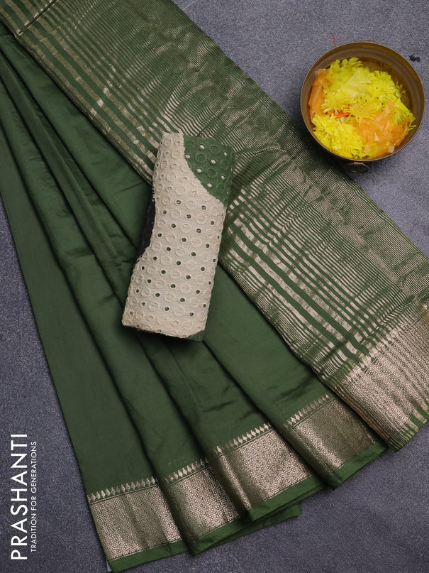 Semi chanderi saree green and beige with plain body and zari woven border