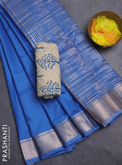 Semi chanderi saree blue and beige with plain body and zari woven border