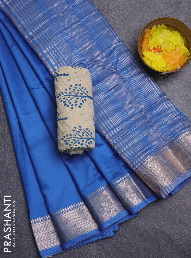 Semi chanderi saree blue and beige with plain body and zari woven border