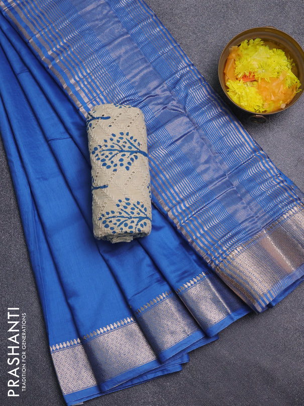 Semi chanderi saree blue and beige with plain body and zari woven border
