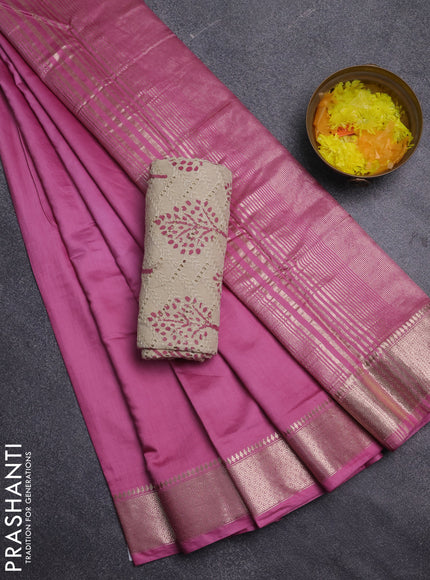 Semi chanderi saree mauve pink and beige with plain body and zari woven border