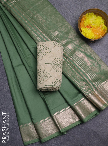 Semi chanderi saree green and beige with plain body and zari woven border