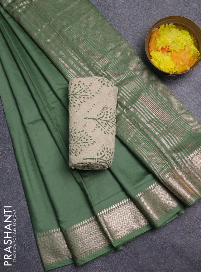 Semi chanderi saree green and beige with plain body and zari woven border