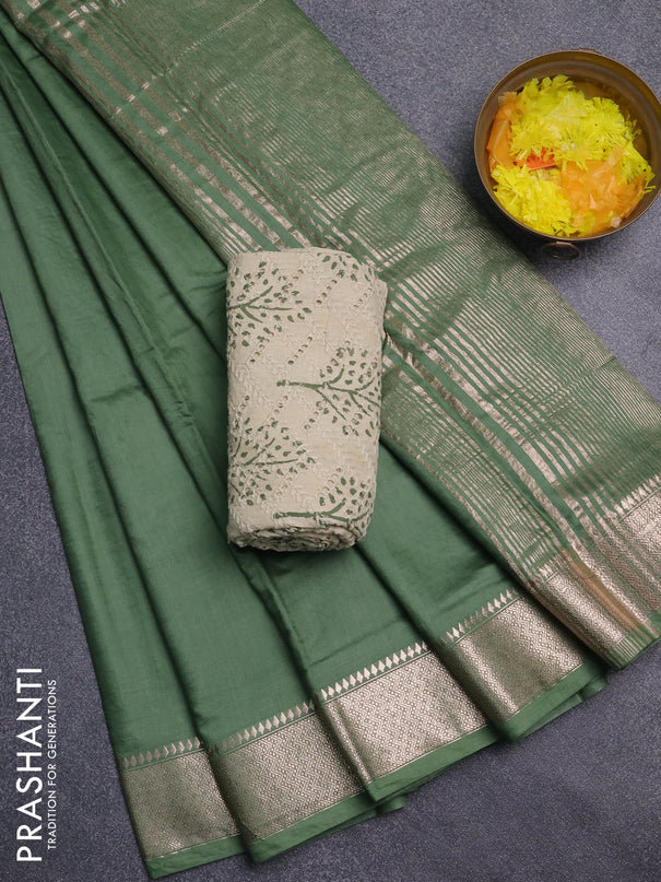 Semi chanderi saree green and beige with plain body and zari woven border