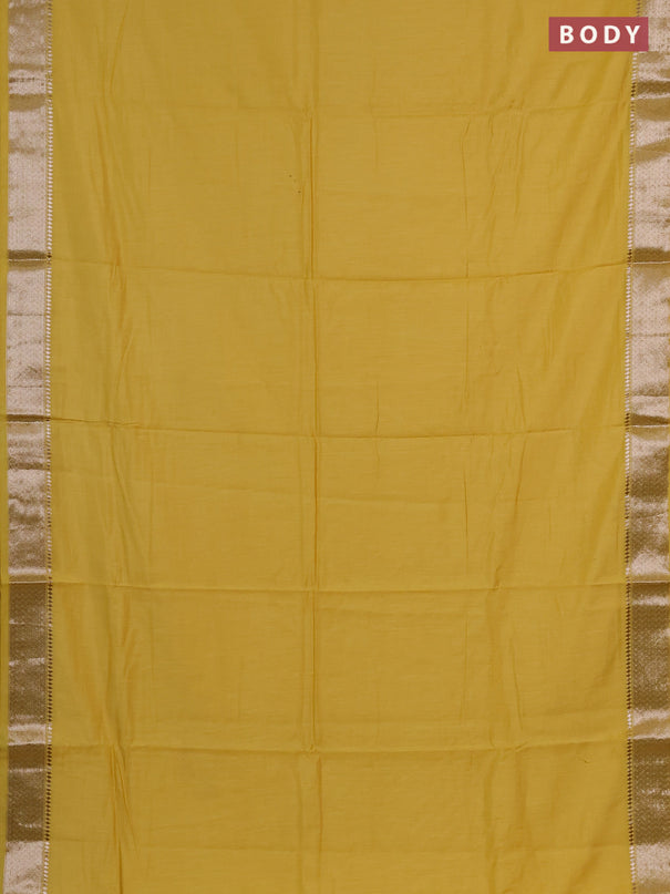 Semi chanderi saree yellow and beige with plain body and zari woven border