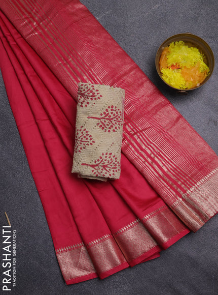 Semi chanderi saree red and beige with plain body and zari woven border