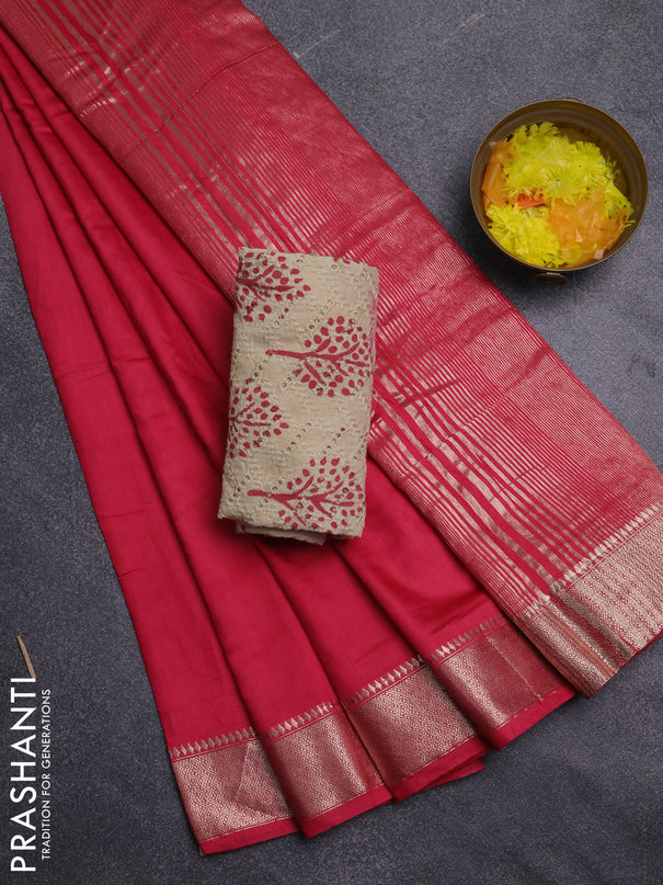 Semi chanderi saree red and beige with plain body and zari woven border
