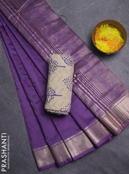 Semi chanderi saree lavender and beige with plain body and zari woven border