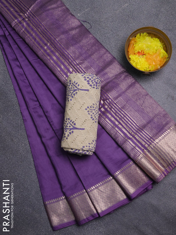 Semi chanderi saree lavender and beige with plain body and zari woven border