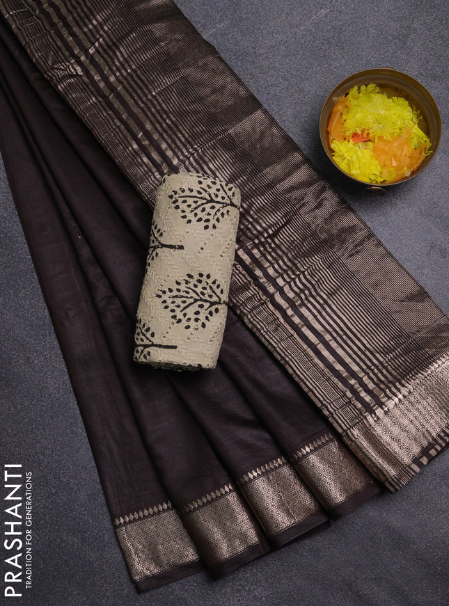 Semi chanderi saree coffee brown and beige with plain body and zari woven border