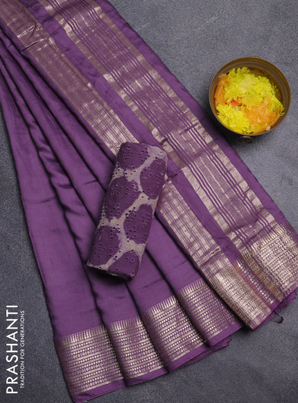 Semi chanderi saree violet and beige with plain body and zari woven border