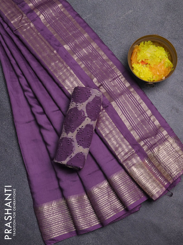Semi chanderi saree violet and beige with plain body and zari woven border