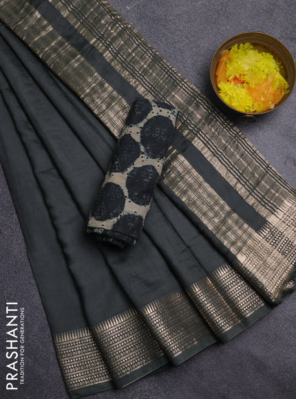 Semi chanderi saree elephant grey and beige with plain body and zari woven border