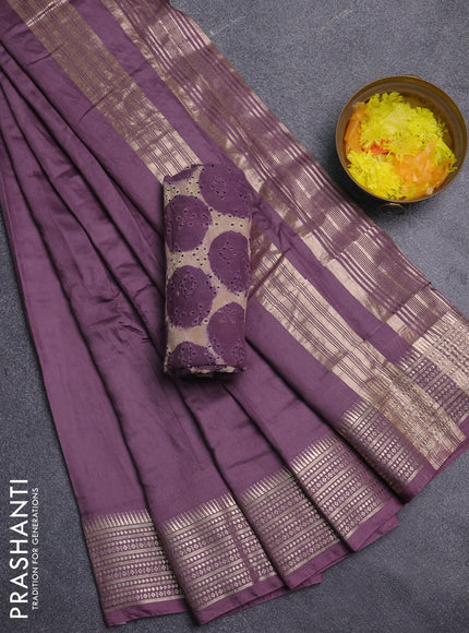 Semi chanderi saree pastel purple and beige with plain body and zari woven border