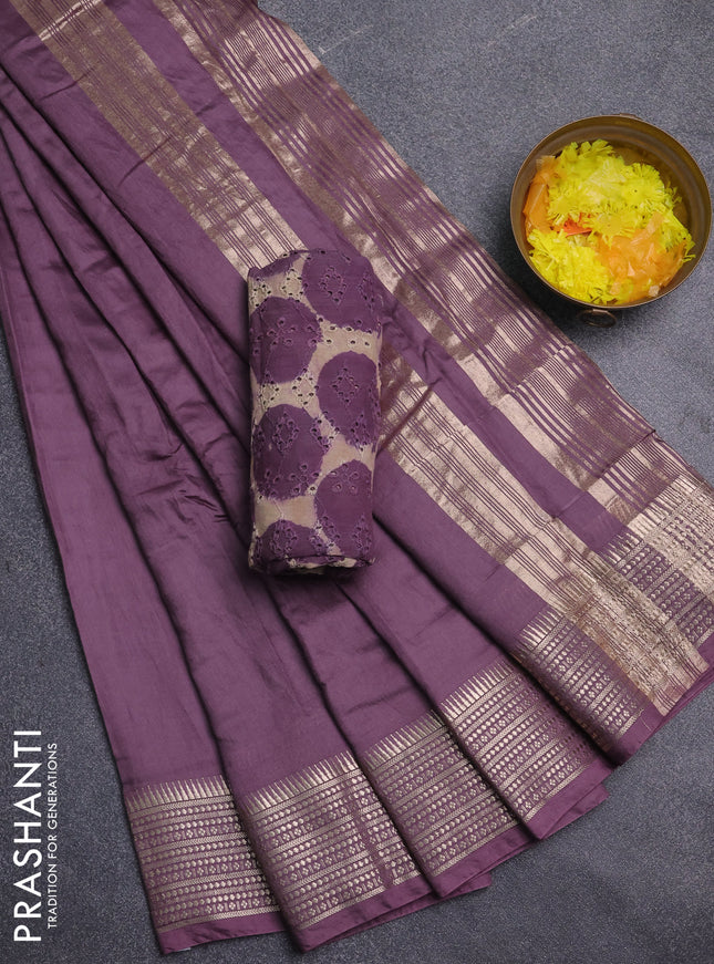Semi chanderi saree pastel purple and beige with plain body and zari woven border