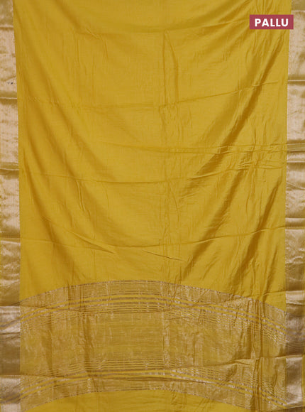 Semi chanderi saree yellow and beige with plain body and zari woven border