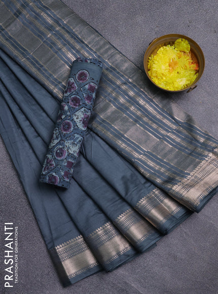 Semi chanderi saree dark grey and beige with plain body and zari woven border